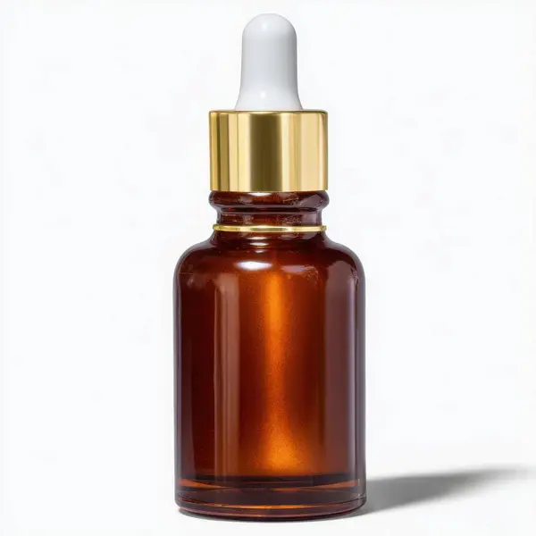 Zarif kehribar rengi, altın kapaklı ve beyaz arka planda beyaz pipetli cam damlalar.