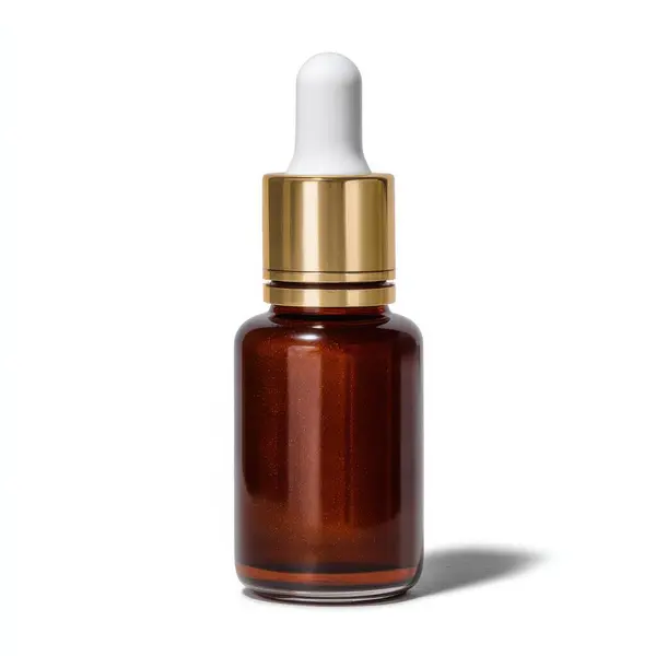 Lüks kehribar kehribar şişesi, altın kapaklı ve parıldayan bronz sıvıyla dolu beyaz damlalar.