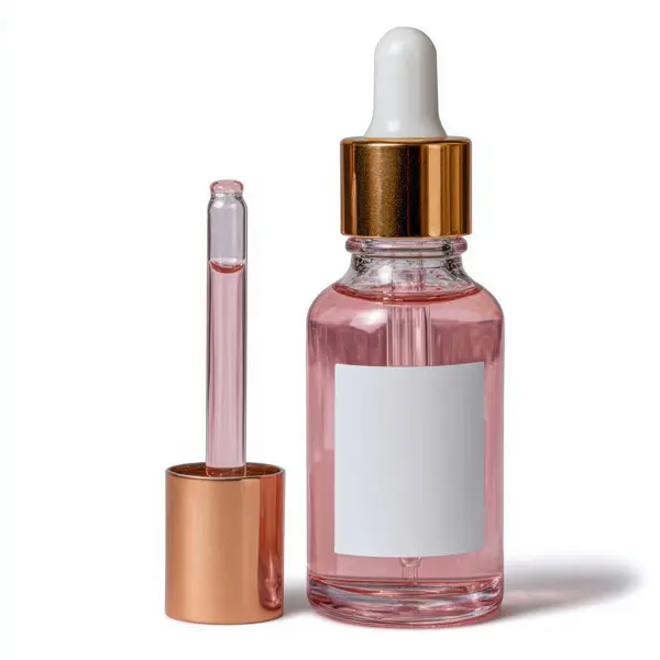 Beyaz arka planda pembe serumla doldurulmuş altın kapaklı cam damlalar şişesi.