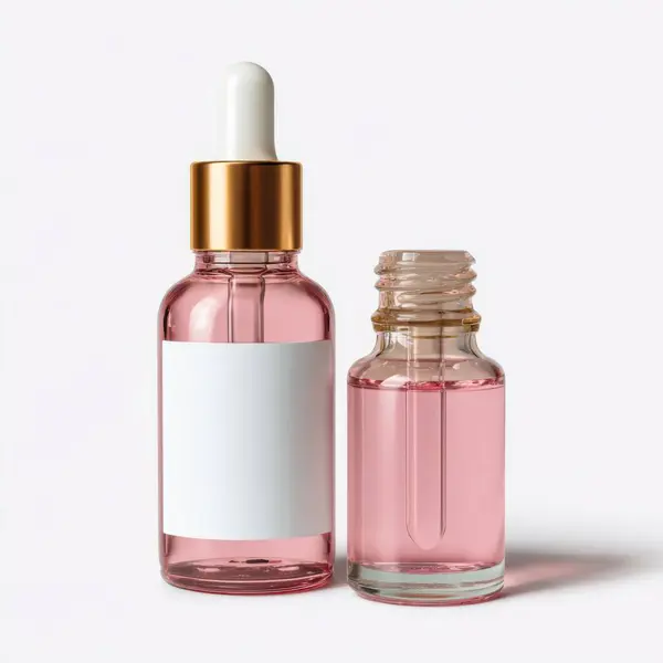 Altın kapaklı ve beyaz arka planda boş etiketli iki pembe cam damlası şişesi.