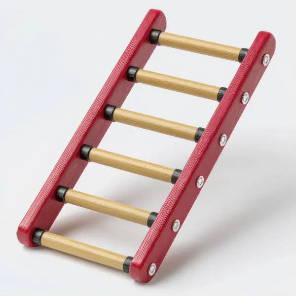 Temiz beyaz arka planda doğal ahşap basamakları olan basit kırmızı tahta merdiven.