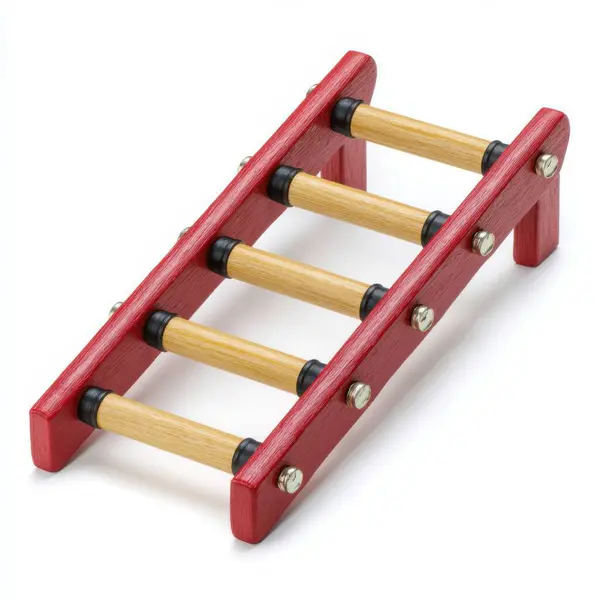 Doğal bambu basamakları ve beyaz arka planda siyah konnektörleri olan basit bir kırmızı tahta merdiven.