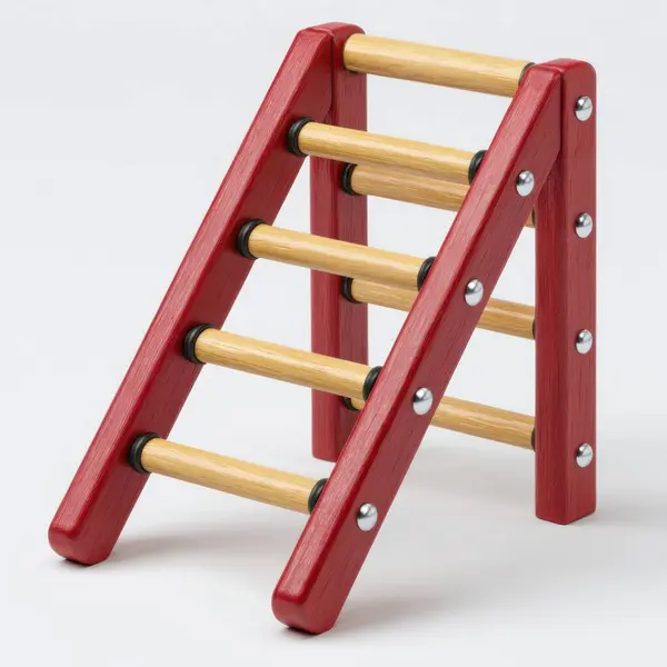 Kırmızı çerçeveli basit bir tahta merdiven oyuncağı ve beyaz arka planda doğal ahşap basamaklar.