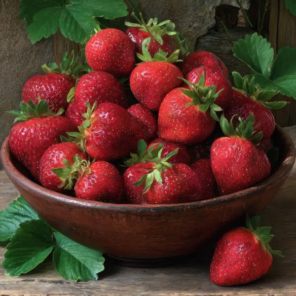 Olgun kırmızı çilekleri, ahşap bir yüzeyde, ahşap bir kasede yeşil yapraklarla kapatın.