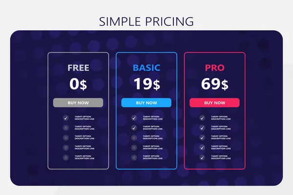 Koyu mavi soyut bir arkaplanda abonelik tarifeleri fiyatlarını karşılaştıran bilgi şablonu tablosu