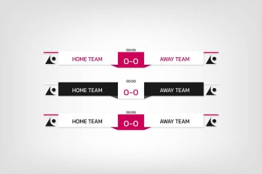 Tv yayını için metin bilgisi oyun zamanı ve takım isimlerine sahip oyun puanları pankartları kümesi