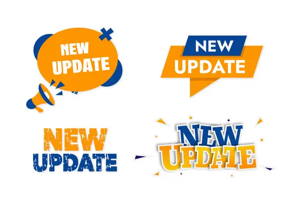 Beyaz bir arka grubunda mavi ve turuncu renkli yeni bir güncelleme olan bir dizi modern çıkartma