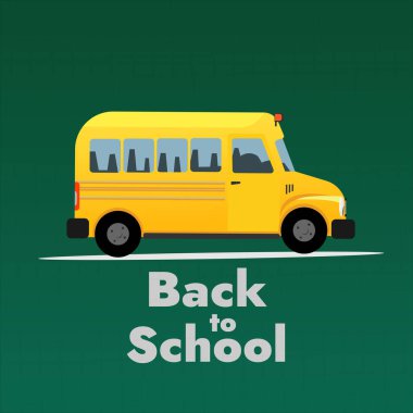 Sarı okul otobüsü daire tasarımı yeşil arka plan okul teması üzerine okula geri döndü
