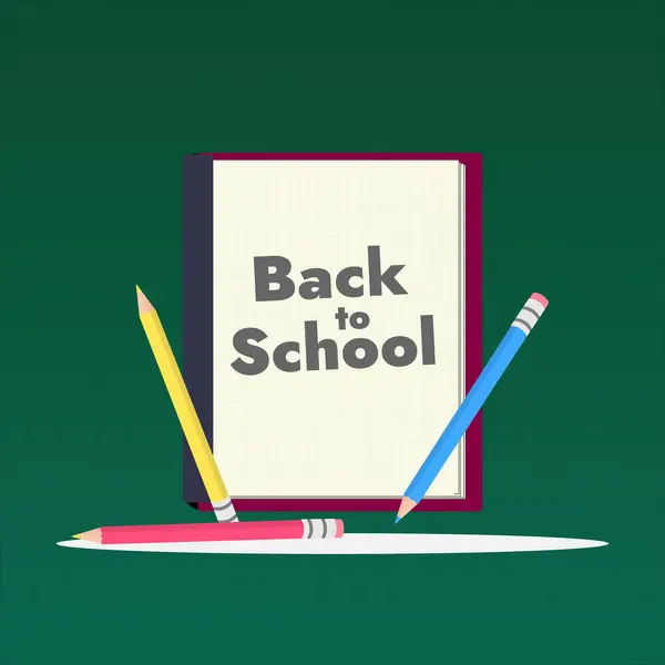 Okul ögeleri düz tasarım vektör mavi kitap ve yeşil zemin üzerindeki kalemler