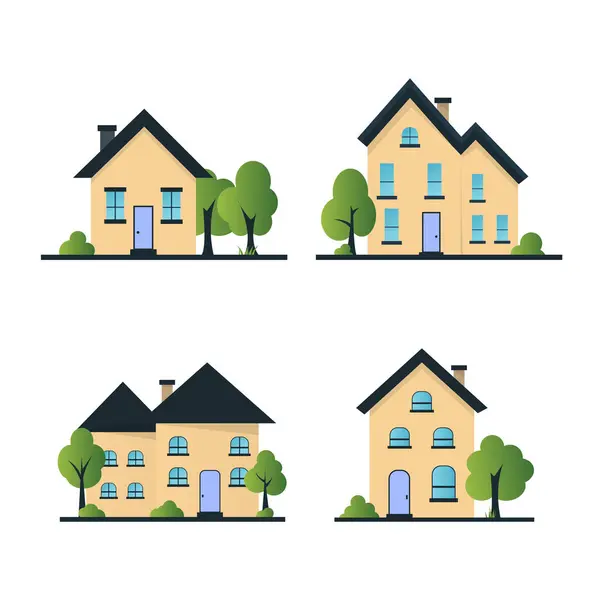 Düz vektörün etrafında ağaçlar ve çalılar olan kum renkli bir ev.