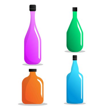 Farklı renkte şişeler, farklı şişeler, arka plan olmadan düz nesneler.