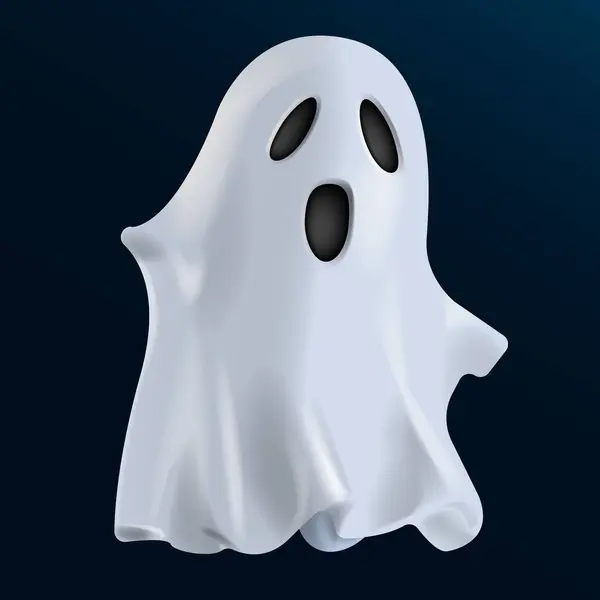 Siyah bir arka planda siyah gözlü beyaz bir hayalet karakter.