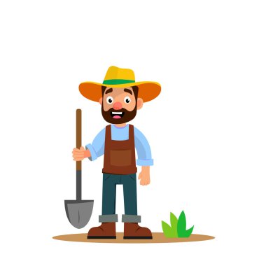 Cheerful farmer with a shovel in his hands standing on the ground flat vector character illustration