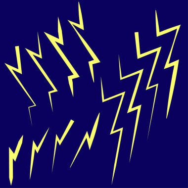 Yıldırım vektörü. Elektrik gök gürültüsü ikonu. Tırtıklı sarı şekil. Mavi arkaplan sembolü. EPS 10.