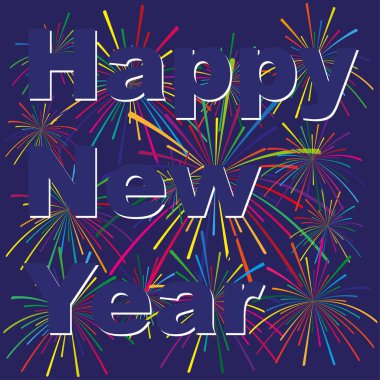Koyu mavi gece arka planında renkli havai fişekleri olan mutlu yeni yıl tipografisi. Kutlama kutlaması kartı. EPS 10.