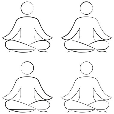 Four meditating figures illustrated in minimalist line art, each in different poses, representing peace, calmness, and mindfulness in a harmonious composition
