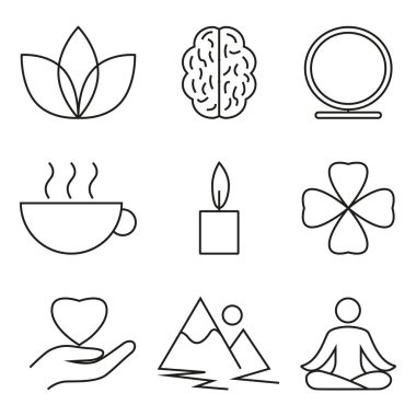 Line art illustration showcasing wellness elements like a lotus flower, brain, tea cup, candle, four-leaf clover, mountains, and meditating figure, promoting relaxation and mindfulness