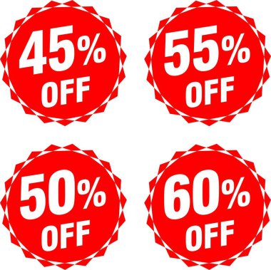 İndirim etiketi veya rozet tasarımı kalın kırmızı ve beyaz, mevsimsel satışlar, flaş anlaşmalar, perakende promosyonlar ve e-ticaret pazarlama materyalleri için harika