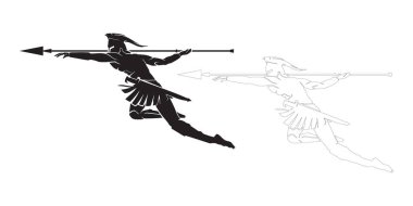 Bu görüntü, sıçramanın ortasında mızrak atan Spartalı bir savaşçının dinamik siluetini gösteriyor. Ayırt edici minimalist stil savaşçının güçlü duruşunu vurgular..