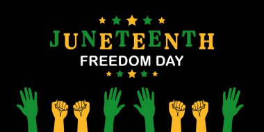 Haziran 'ın özgürlük günü vektör sanatı. Kaldırılan eller ve yıldızlar özgürleşmeyi kutluyor.