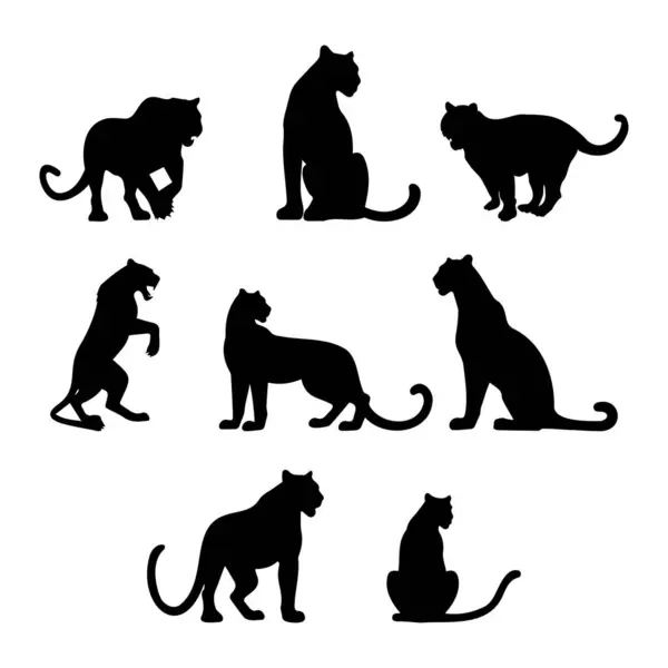 Beyaz arka planda çeşitli pozlarda izole edilmiş leopar siluetleri vektör sanatı