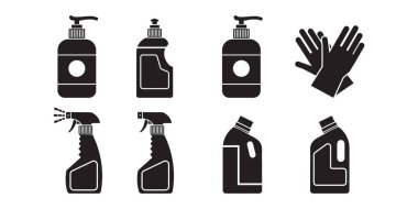 Beyaz arka planda çeşitli temizlik malzemelerini gösteren siyah beyaz vektör simgelerinin vektör sanatı