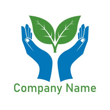 Büyüme, bakım ve çevresel bilinci temsil eden, iki büyük yapraklı canlı yeşil bir bitkiyi nazikçe tutan iki kupa mavisi elin yer aldığı sembolik bir logo. İzole edilmiş.
