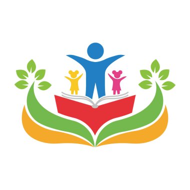 Çocukların eğitimini temsil eden canlı ve renkli bir logo, açık bir kitabın üzerinde yaprak ile duran, büyümeyi ve öğrenmeyi sembolize eden figürler.