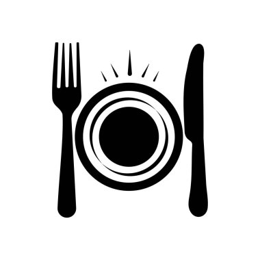 Simsiyah bir siluet, yemek ya da yemek deneyimini simgeleyen çatalla bıçak arasındaki yemek tabağını tasvir eder. Bu ikonik görüntü restoranlar, yemek blogları veya yemek etkinlikleri için mükemmeldir..