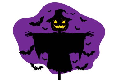 Pırıl pırıl parlayan fener başlıklı bir korkuluk silueti, etrafını uçan yarasalar sarmış, Cadılar Bayramı kutlamalarının ruhunu somutlaştıran mor bir zemin üzerinde uğursuzca duruyor..