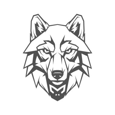 Gri ve siyah tonlarında, keskin ve tanımlanmış özelliklere sahip bir kurt başının çarpıcı ve açısal bir gösterimi güç ve vahşilik hissi veriyor. Beyazda izole edilmiş.