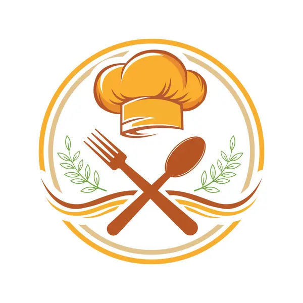 Dekoratif elementlerle çevrili dairesel bir sınırla çevrili çapraz çatal ve kaşığın üzerinde aşçı şapkası bulunan stilize bir logo yemek ve yemek mükemmelliğini simgeliyor..