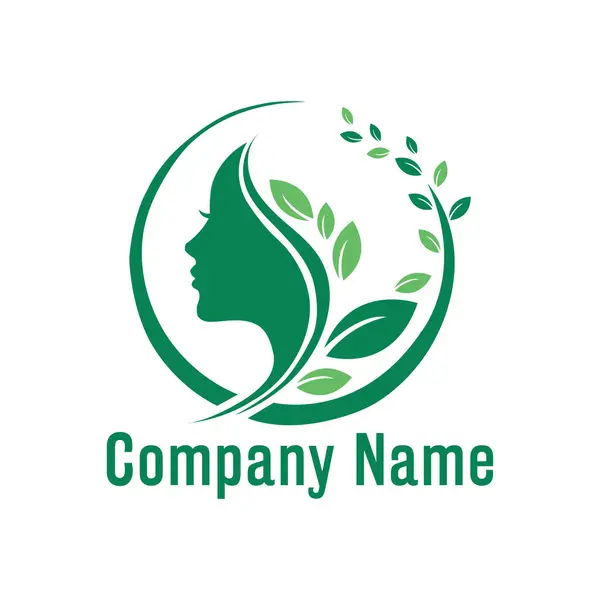 Dairesel bir çerçevede yapraklarla ve dallarla sarmalanmış bir kadının profilini içeren yeşil bir logo doğal güzelliği ve organik sağlığı sembolize ediyor..