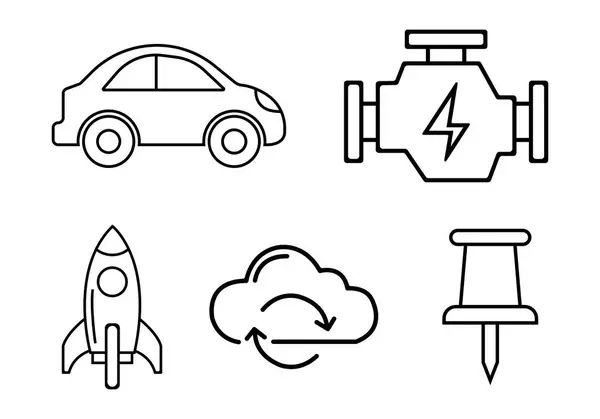 Taslak simge araba, motor, roket, bulut ve raptiye koleksiyonunun vektör sanatı