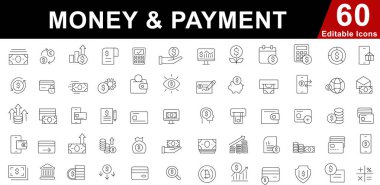 Para ve Ödeme Hattı Simgeleri Ayarlandı. Finans, Bankacılık, E-ticaret ve İşlem Sembolleri. Düzenlenebilir Vektör