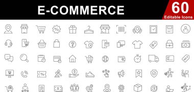  E-ticaret hattı simgeleri ayarlandı. Çevrimiçi Alışveriş, Mağaza, Ödeme ve Teslimat Sembolleri