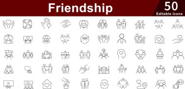 Arkadaşlık Sosyal Simgesi Seti - 50 Düzenlenebilir İlişki Topluluğu Bağlantı, Destek ve Sosyal Etkileşim Vektörü Koleksiyonu Simgesi