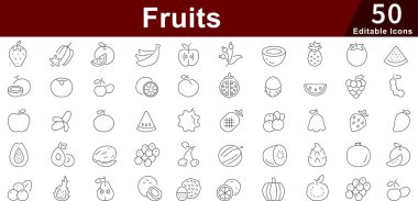 Meyveler Sağlıklı Gıda Simgesi Seti - 50 Düzenlenebilir Taze Beslenme, Diyet ve Organik Piyasa Vektörü Koleksiyonu Simgesi