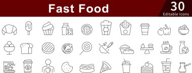 Fast Food Düzenlenebilir Satır Simgeleri Restoran, Paket Servis ve Hizmet İçin Ayarlandı