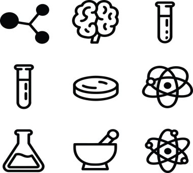 Çizgi Sanat Laboratuvarı Simgeleri Moleküller, Beyin, Laboratuar Ekipmanları ve Kimya Sembolleri