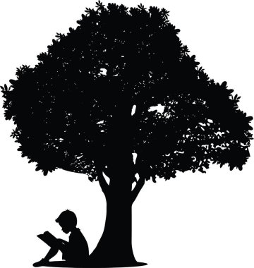 Ağaç Vektörü İllüstrasyonunun Altında Kitap Okuyan Bir Çocuğun Silueti
