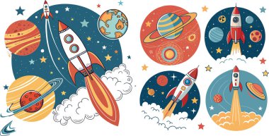 Gezegenler ve Yıldızlarla Renkli Roket Fırlatma Vektörü