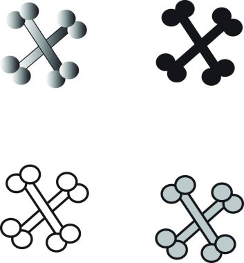 Düz ve siluet biçiminde çapraz kemik ikonları. Korsan temalar, tehlike etiketleri, Cadılar Bayramı grafikleri, zehirli işaretler ve uyarı tasarımları için ideal.