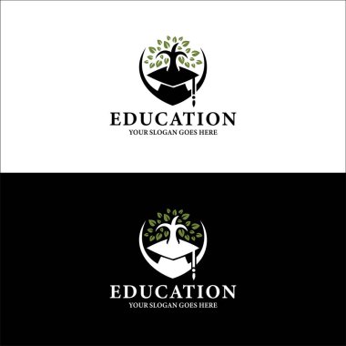 Eğitim kurumları ve programları için mezuniyet şapkası ve ağaç logosu tasarımı.