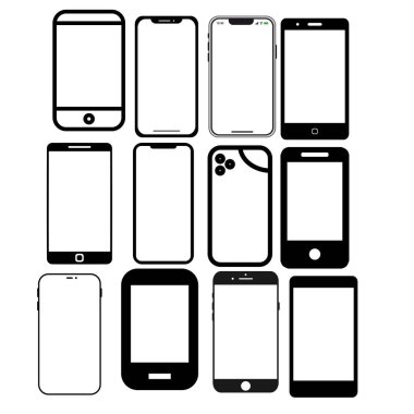 Minimalist siyah ve beyaz tasarımlı çeşitli akıllı telefon modelleri sergilenir.
