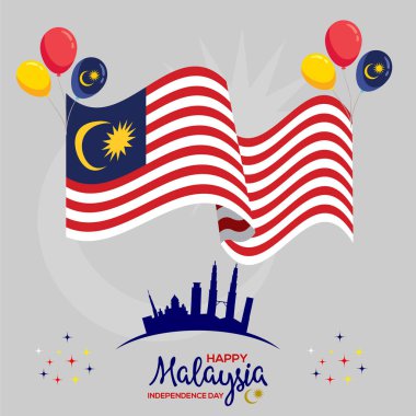 Malezya Bağımsızlık Günü 'nde bayraklar, balonlar ve şehrin ufuk çizgisi.