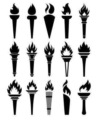 Siyah siluette bir meşale ikonu koleksiyonu alevlerin ve tasarımların çeşitliliğini gösterir.