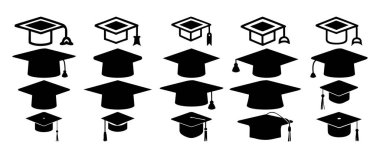 Siyahi siluet mezuniyet şapkaları akademik başarı ve eğitimi gözler önüne seriyor.