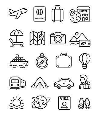 Seyahat simgesi: Uçak, pasaport, bavul ve otel sembolleri.