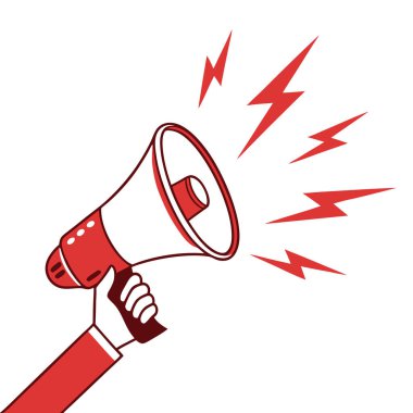 Ses dalgalarıyla birlikte kırmızı megafon, bir iletişim konsepti çizimi.